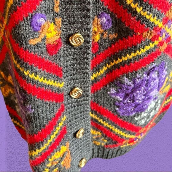 Vintage wool blend oversized knit cardigan plaid floral textured - Picture 4 of 13